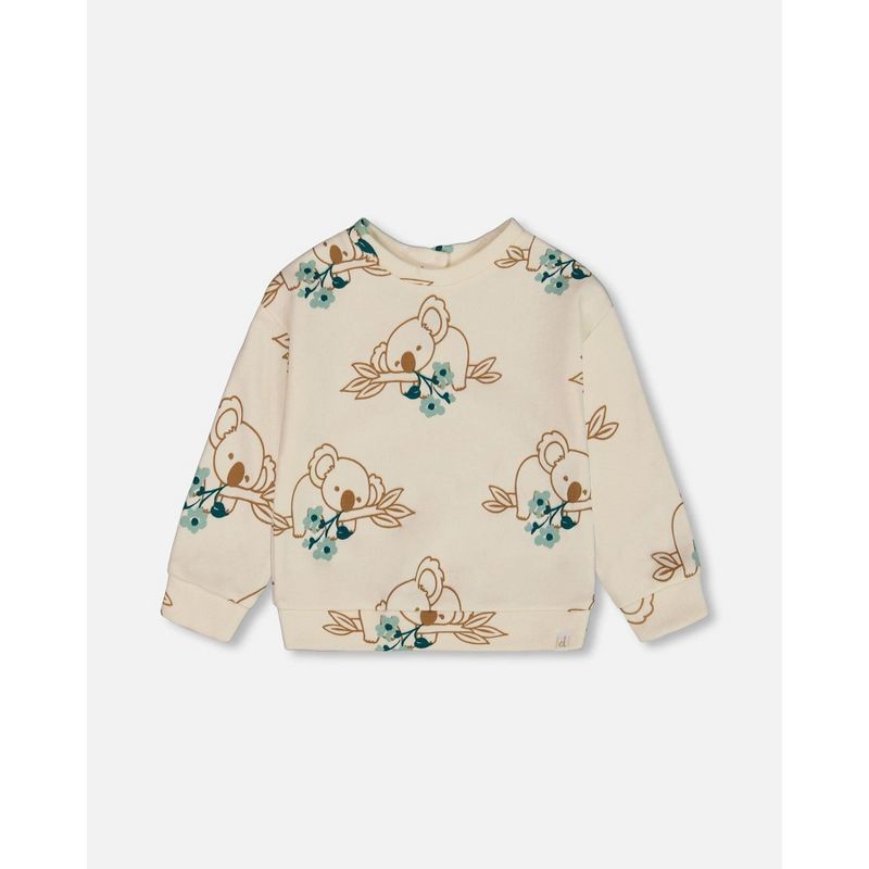 Deux par Deux Girl Printed French Terry Sweatshirt Off-White and Koala