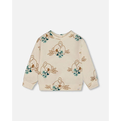 Deux par Deux Girl Printed French Terry Sweatshirt Off-White and Koala