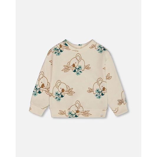 Deux par Deux Girl Printed French Terry Sweatshirt Off-White and Koala