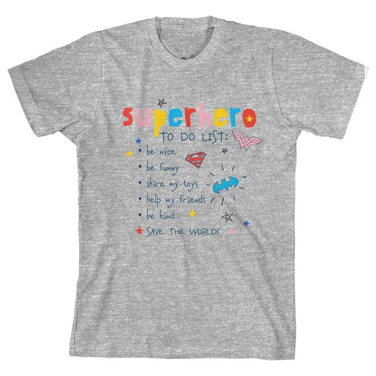 تي شيرت رياضي رمادي للشباب برسومات مطبوعة بقائمة مهام الأبطال الخارقين