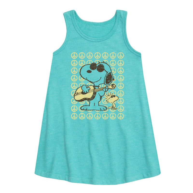 Girls' - Peanuts - Snoop Guitar And Peace Graphic Sleeveless Aline Dress
