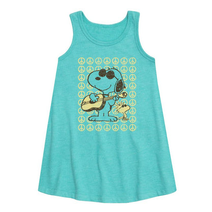 Girls' - Peanuts - Snoop Guitar And Peace Graphic Sleeveless Aline Dress