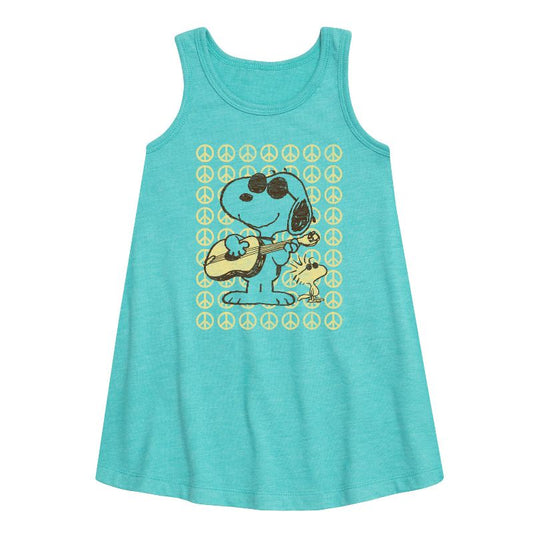 Girls' - Peanuts - Snoop Guitar And Peace Graphic Sleeveless Aline Dress