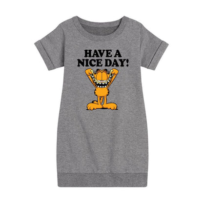 فستان غارفيلد المطبوع بأكمام قصيرة من الصوف مطبوع عليه "Have A Nice Day" للفتيات