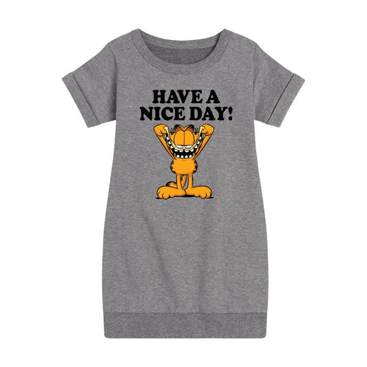فستان غارفيلد المطبوع بأكمام قصيرة من الصوف مطبوع عليه "Have A Nice Day" للفتيات
