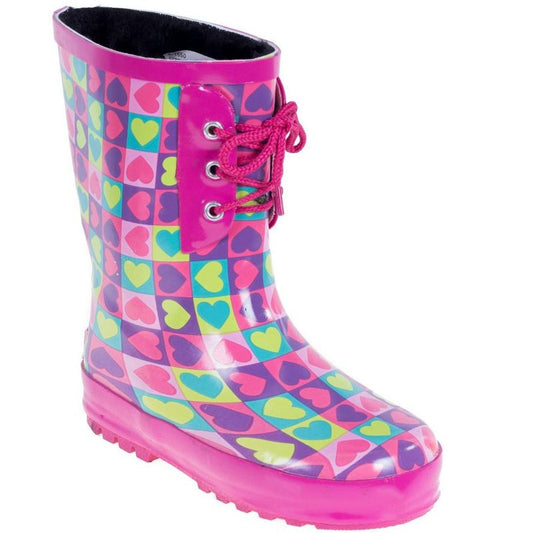 Forever Young Kid's Rubber Lace Up Heart Print Rainboots
