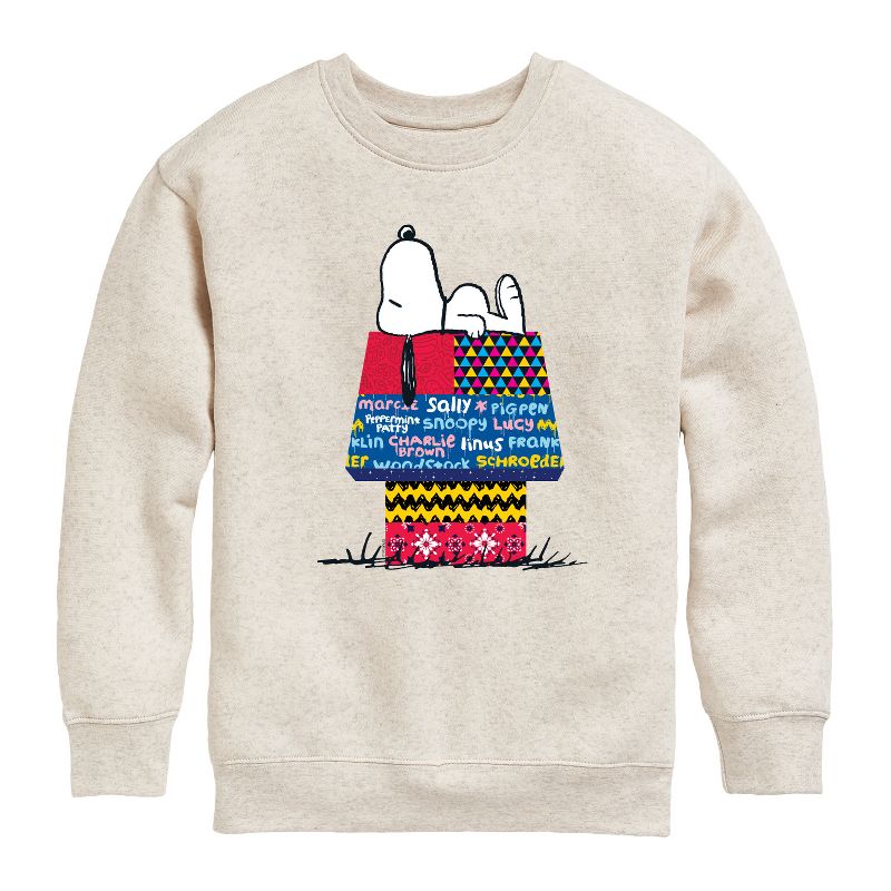 Boys' - Peanuts - Snoopy Patchwork Doghouse Graphic Long Sleeve Fleece Sweatshirt