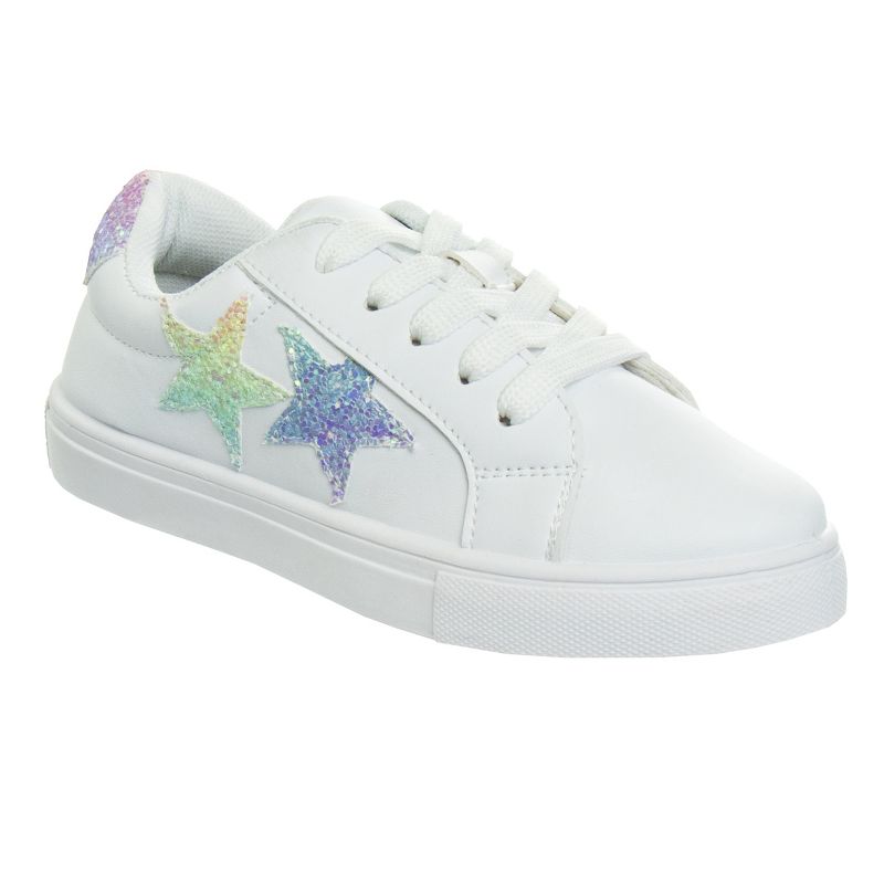 Kensie Girls White Casual Sneakers with Lace Up Closure and Glittery Accents