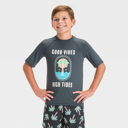Boys' Short Sleeve Tree Printed Rash Guard Top - art class™ Charcoal Gray