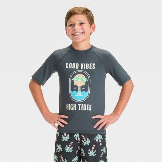 Boys' Short Sleeve Tree Printed Rash Guard Top - art class™ Charcoal Gray