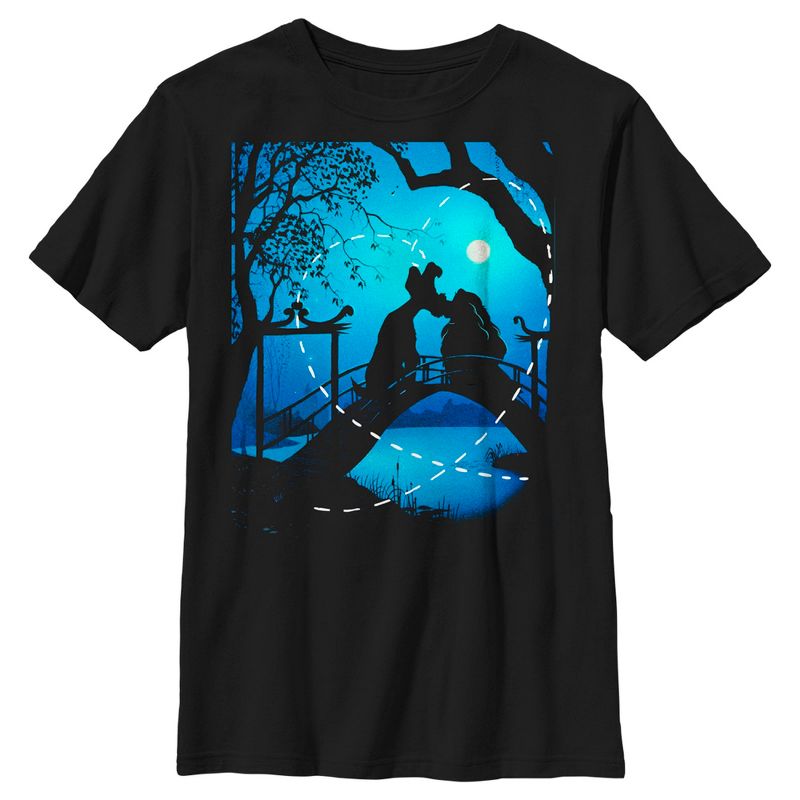Boy's Lady and the Tramp Kissing in the Moonlight Silhouette T-Shirt