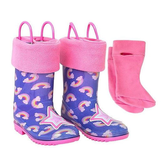 Addie & Tate Boys and Girls Rain Boots with Sock, Kids Rubber Boots- Size 8T-12 (Rainbows /Stars)