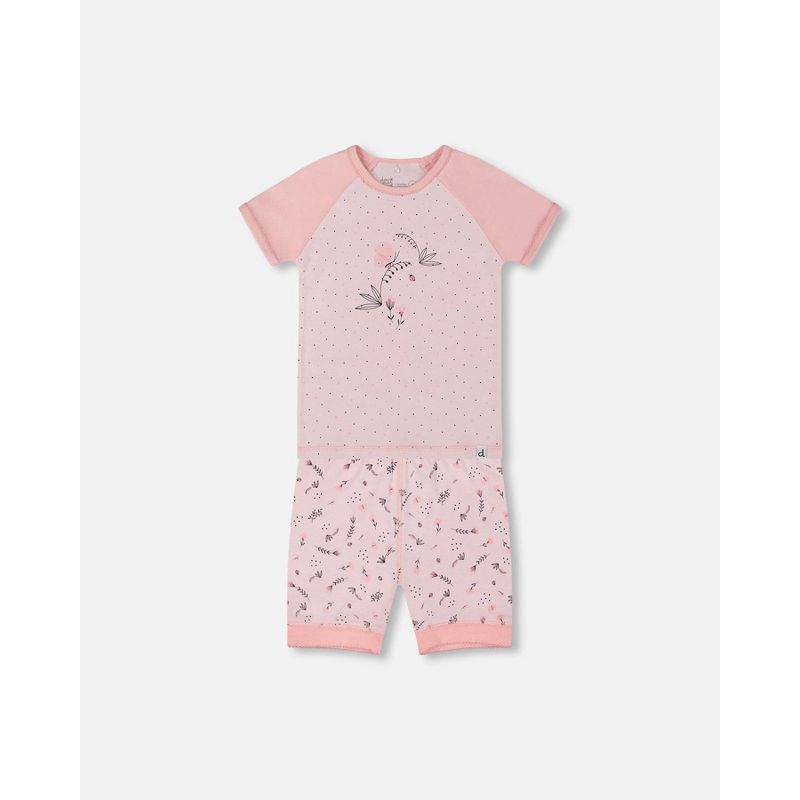 Deux par Deux Girl Organic Cotton Two-Piece Short Pajama Set Small Pink Flowers on Pale Pink Background