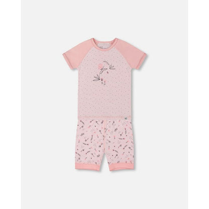 Deux par Deux Girl Organic Cotton Two-Piece Short Pajama Set Small Pink Flowers on Pale Pink Background