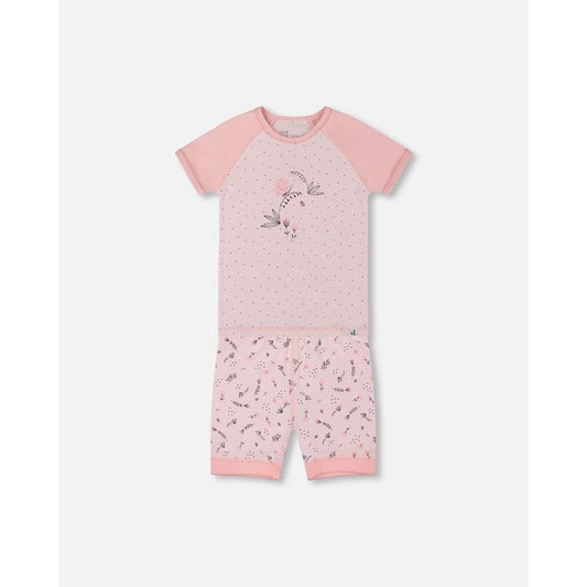 Deux par Deux Girl Organic Cotton Two-Piece Short Pajama Set Small Pink Flowers on Pale Pink Background