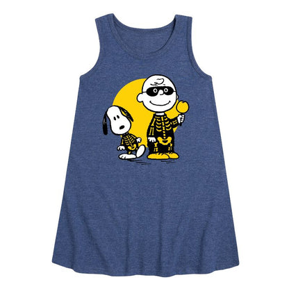 Girls' - Peanuts - Charlie And Snoopy Skeleton Graphic Sleeveless Aline Dress