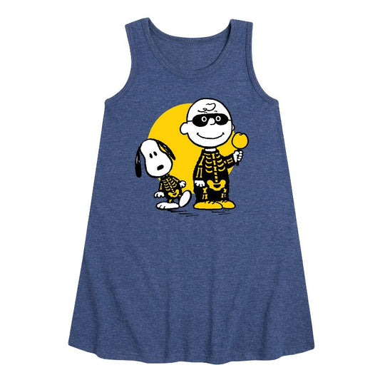 Girls' - Peanuts - Charlie And Snoopy Skeleton Graphic Sleeveless Aline Dress