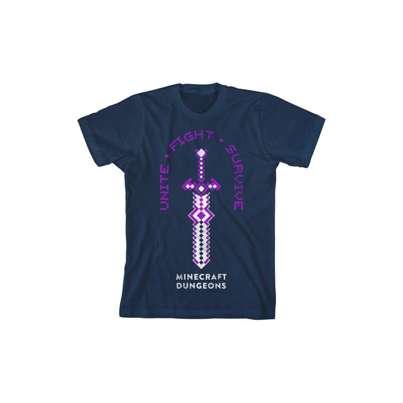 تي شيرت للأولاد باللون الأزرق الداكن من Minecraft Dungeons Sword Unite Fight Survive