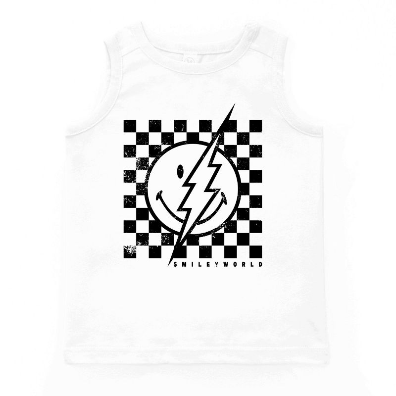 بلوزة شبابية بدون أكمام من مجموعة The Juniper Shop SmileyWorld Checkered Lightning Distressed Youth Tank Top