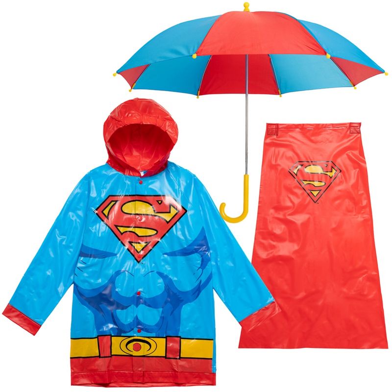 طقم ملابس DC Comics مكون من 3 قطع، سترة مطر مقاومة للماء، وعباءة، ومظلة