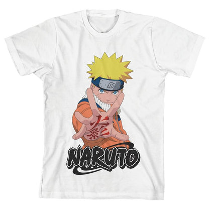تي شيرت أبيض للأولاد بأكمام قصيرة ورقبة دائرية وشعار شخصية أنمي ناروتو