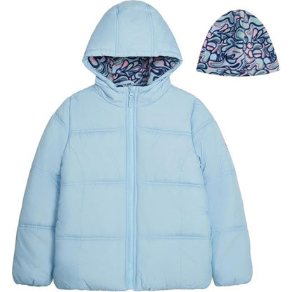 LONDON FOG Big Girls' Heavyweight Fleece Lined Puffer Jacket with Beanie Hat