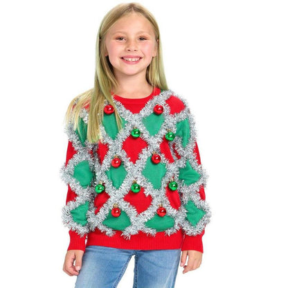 سترة عيد الميلاد القبيحة المزخرفة بشرائط لامعة من Tipsy Elves Kids - سترة عيد الميلاد القبيحة المضحكة لحفلات الأعياد