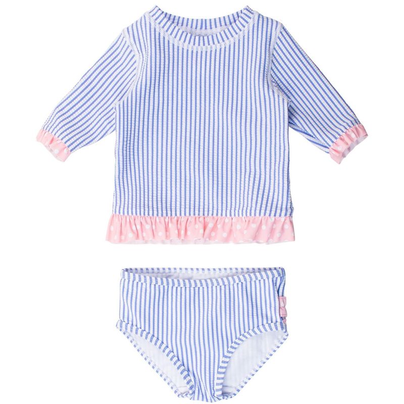 RuffleButts Girls UPF50+ Seersucker Short Sleeve Ruffle Rash Guard Bikini