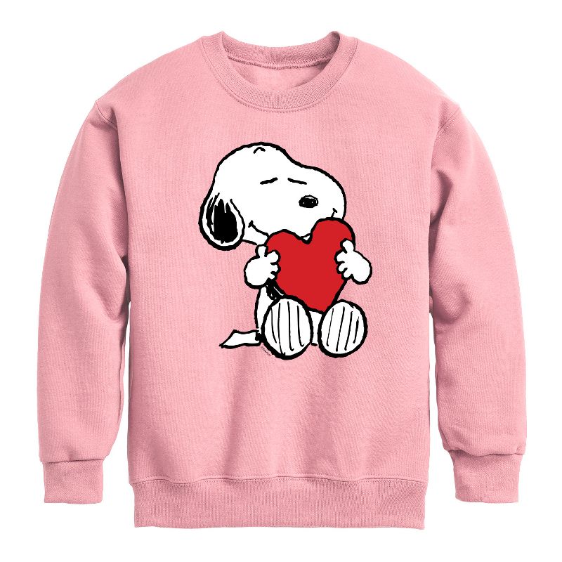 Boys' - Peanuts - Valentine's Hugging Heart Graphic Long Sleeve Fleece Sweatshirt