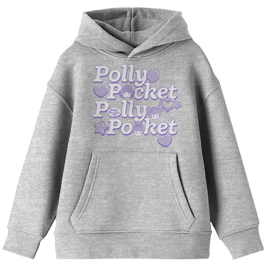 Polly Pocket Repeat Text & Icons Long Sleeve Athletic Heather Youth Hooded Sweatshirt