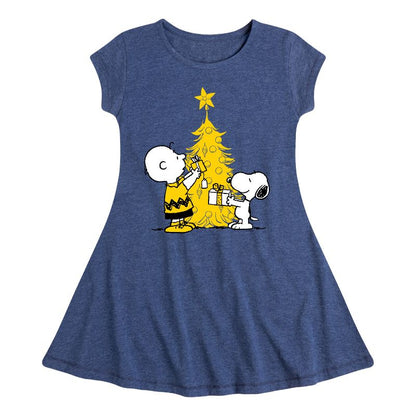 Girls' - Peanuts - Xmas Charlie And Snoopy Fit & Flair Cap Sleeve Dress