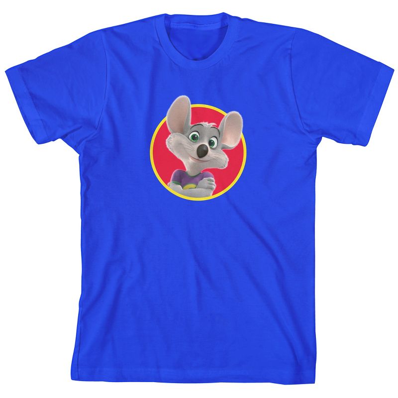 Chuck E. Cheese Chuck In Red Circle Crew Neck Short Sleeve Royal Blue Boy's T-shirt