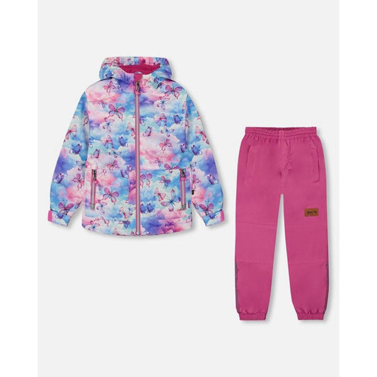 Deux par Deux Girl Printed Jacket Two-Piece Mid-Season Outerwear Set Butterflies on Multicolored and Vibrant Pink Background
