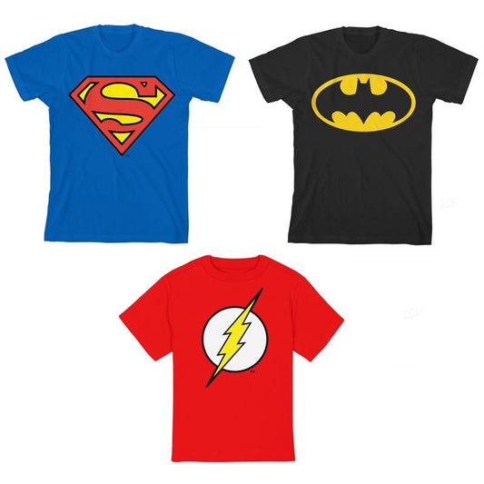 تيشيرتات DC Superhero Logos للشباب، عبوة من 3 قطع، برقبة دائرية وأكمام قصيرة