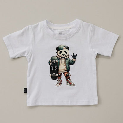 تي شيرت للأطفال بأكمام قصيرة وطبعة جرافيكية على شكل باندا - زيتوني + كشاف