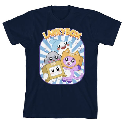 LankyBox Characters On Blue & White Panel Crew Neck Short Sleeve Navy Heather Boy's T-shirt