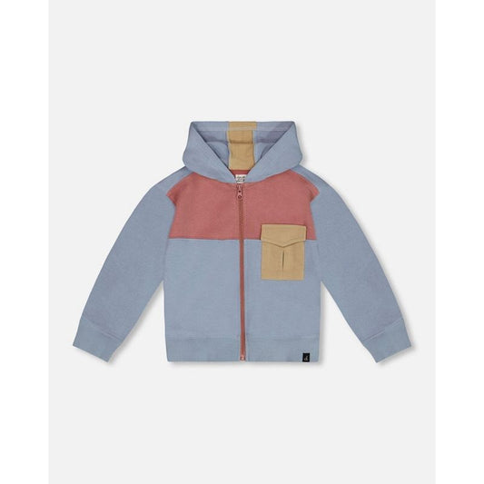 Deux par Deux Boy French Terry Full Zip Hoodie Sweatshirt Pale Blue and Dark Old Rose