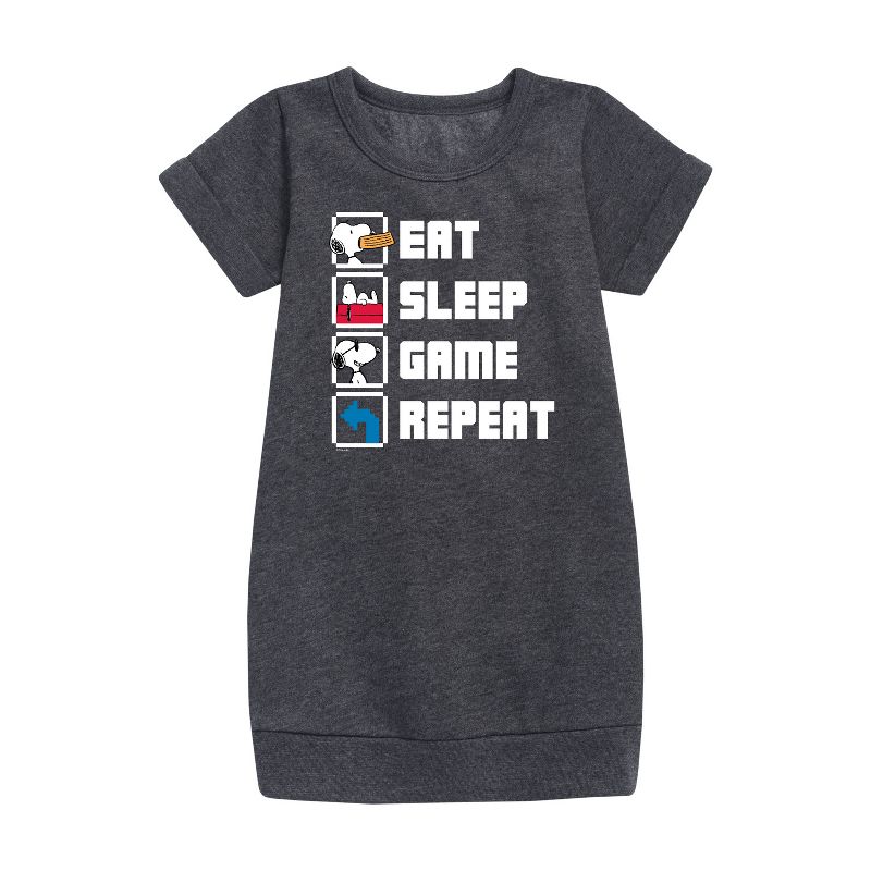 Girls' - Peanuts - Eat Sleep Game Snoopy Graphic Short Sleeve Fleece Dress