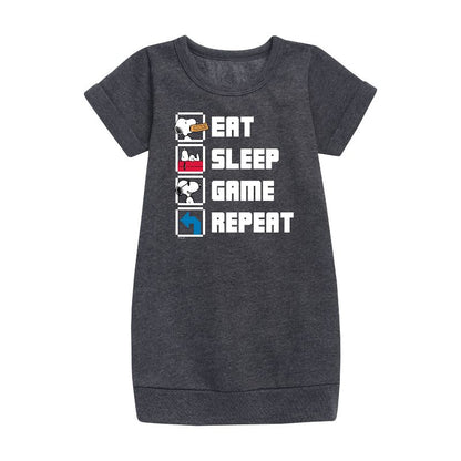 Girls' - Peanuts - Eat Sleep Game Snoopy Graphic Short Sleeve Fleece Dress