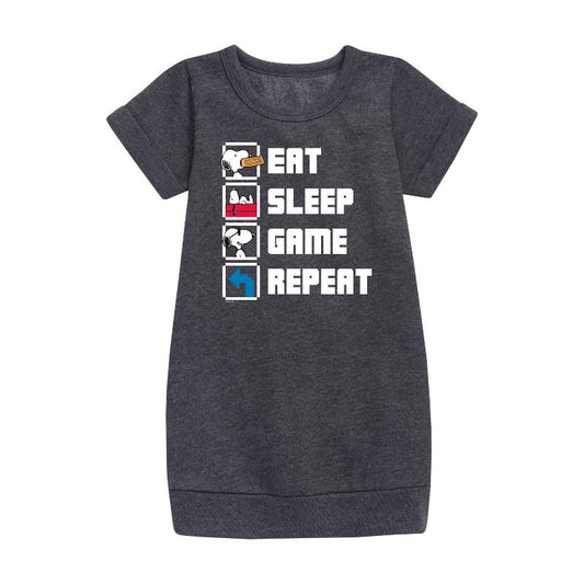 Girls' - Peanuts - Eat Sleep Game Snoopy Graphic Short Sleeve Fleece Dress