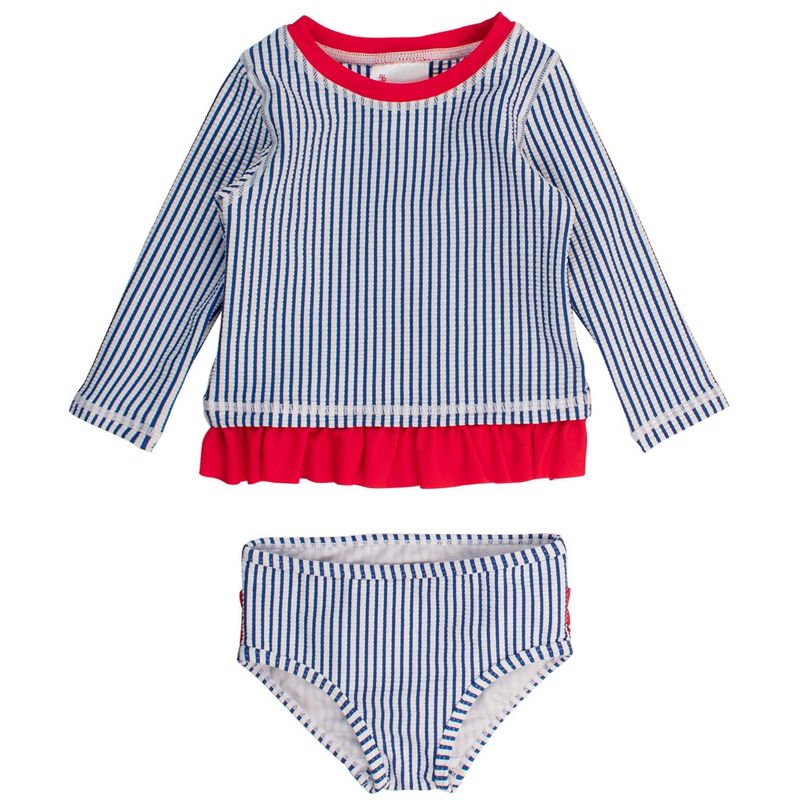 RuffleButts Toddler Girls UPF50+ Seersucker Long Sleeve Rash Guard Bikini