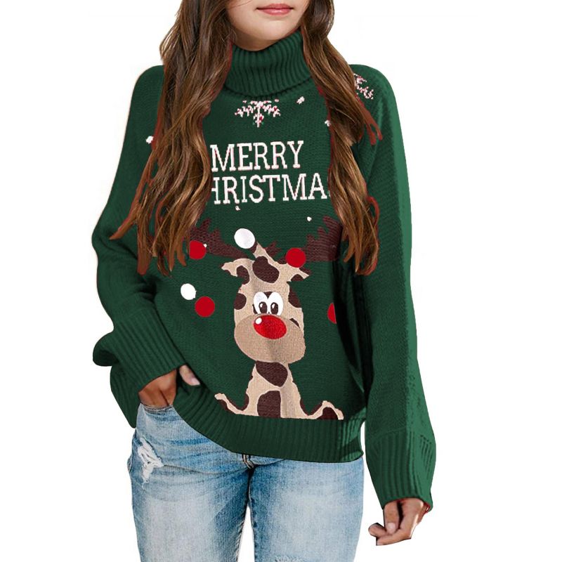 Girls Christmas Knit Pullover Sweaters Turtleneck Kids Long Sleeve Chunky Winter Warm Cute Funny Tops