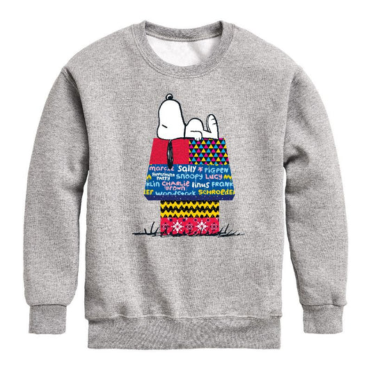 Boys' - Peanuts - Snoopy Patchwork Doghouse Graphic Long Sleeve Fleece Sweatshirt