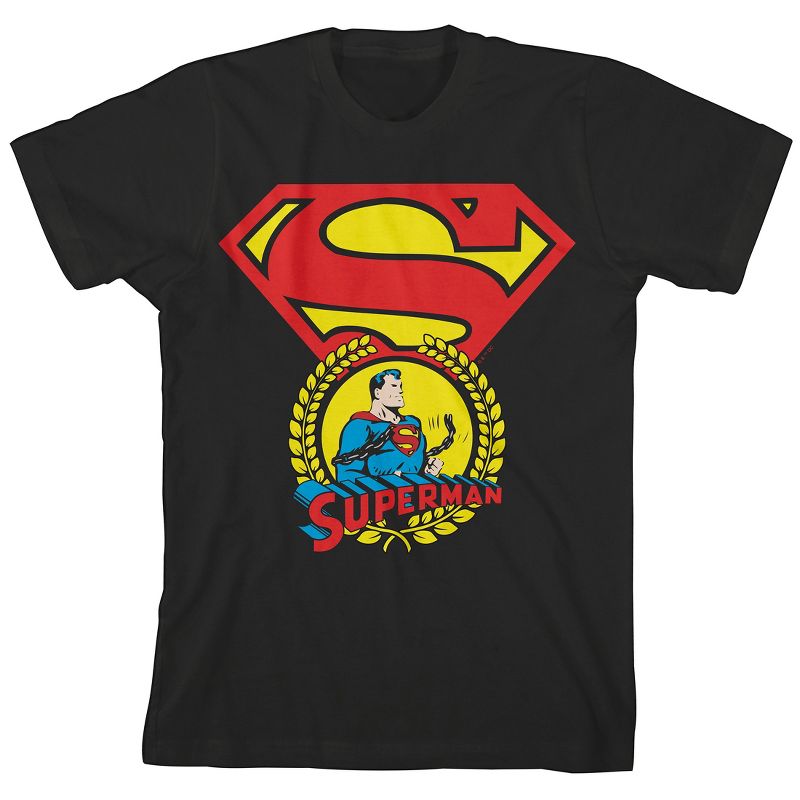 Superman Core Logo w Crest on Black Short Sleeve Youth T-Shirt