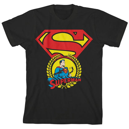 Superman Core Logo w Crest on Black Short Sleeve Youth T-Shirt