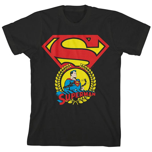 Superman Core Logo w Crest on Black Short Sleeve Youth T-Shirt