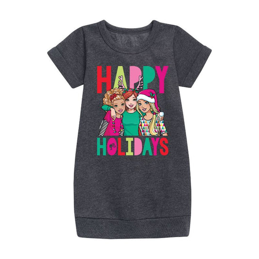 Girls' - Barbie - Happy Holidays Graphic Short Sleeve Fleece Dress