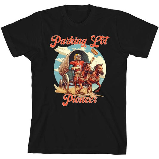 "Parking Lot Pioneer" Old West Wagon Football Cowboy Youth Short Sleeve Tee