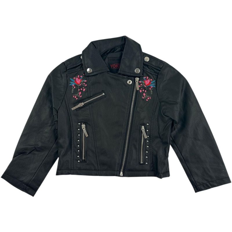 Yoki Little Girls' Floral Embroidered Design PU Faux Leather Jackets