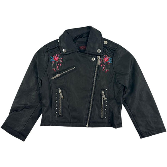 Yoki Little Girls' Floral Embroidered Design PU Faux Leather Jackets